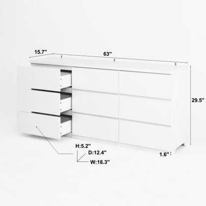 9 Drawer Dresser with No Handle Design, Modern White Matte Wood Dresser for Bedroom, Storage Chest of Drawers for Living Room, Hallway, Entryway
