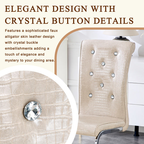 Set of 2 Retro Alligator Skin PVC Dining Chairs, Crystal Buckle Chairs with Electroplated Metal Bow Legs