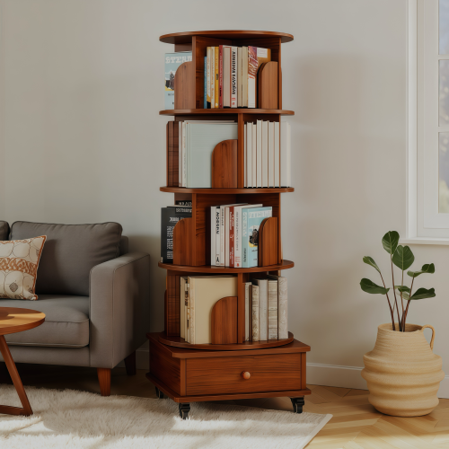 5-Tier Rotating Bookshelf with Drawer, 360¡ã Corner Bookcase, Walnut