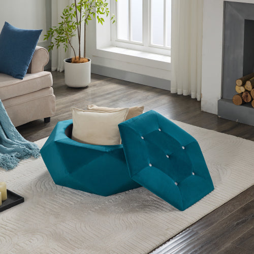 Blue Velvet Polygon Diamond Tufted Storage Ottoman, 34 inchL Lift Top Footrest with Hidden Storage Space
