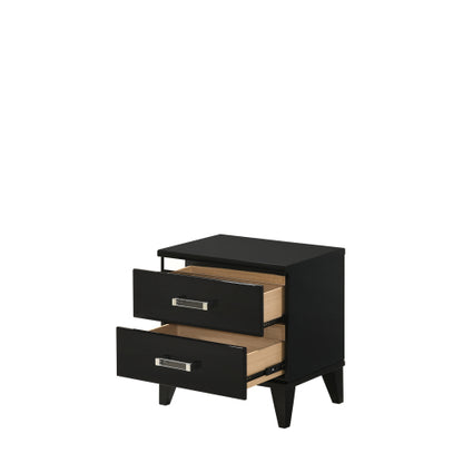 Black Nightstand with 2 Drawers & Wooden Tapered Legs