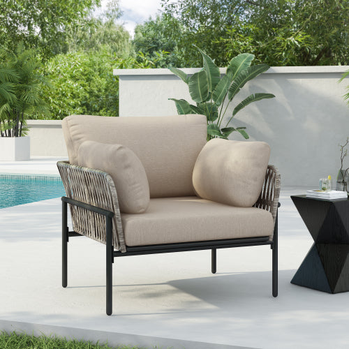 36" Beige Iron Lounge Chair with Rope Weave Design and Plush Cushions, Perfect for Indoor and Outdoor Relaxation