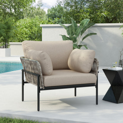 36" Beige Iron Lounge Chair with Rope Weave Design and Plush Cushions, Perfect for Indoor and Outdoor Relaxation