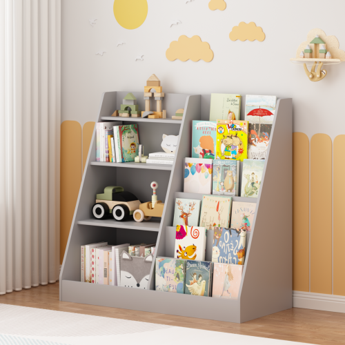 Gray 4-Tier Kids MDF Bookshelf, Multi-use Toy & Book Storage Unit for Nursery Playroom Bedroom