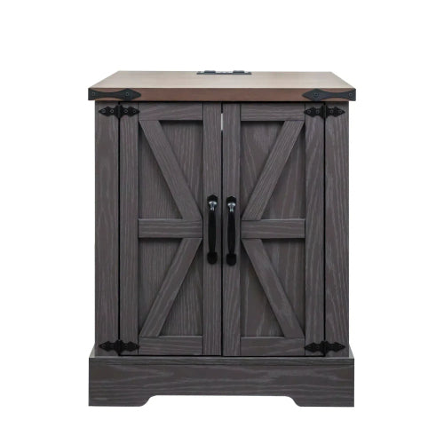Farmhouse End Table with Charging Station, Rustic Nightstand with Barn Doors and Adjustable Shelf, Walnut Top Grey Cabinet