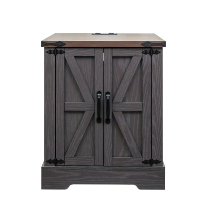 Farmhouse End Table with Charging Station, Rustic Nightstand with Barn Doors and Adjustable Shelf, Walnut Top Grey Cabinet
