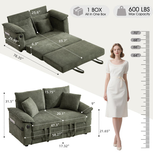 58-Inch Green 3-in-1 Convertible Futon Sofa-Bed, Side Pockets & USB Port