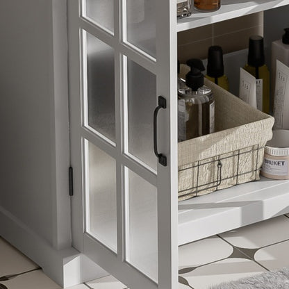 30" Modern Bathroom Vanity with Ceramic Sink, Bathroom Vanity Cabinet with Tempered Blurred Glass and Matte Black Handles, Equipped with Large Storage Space and Rubber Wood Frame, White