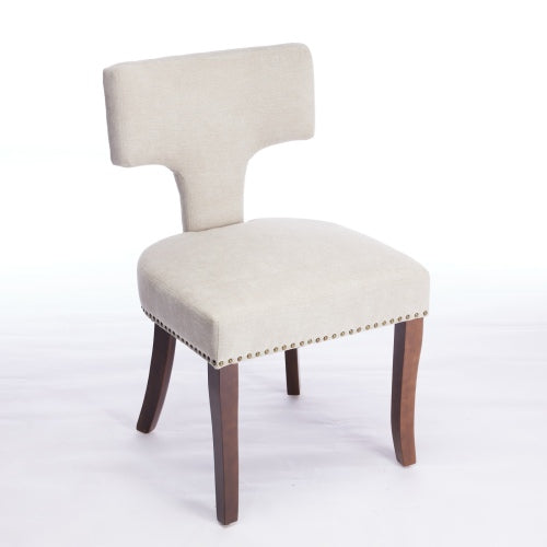 Curved Back Linen Upholstered Wood Dining Chairs, Set of 2, Beige