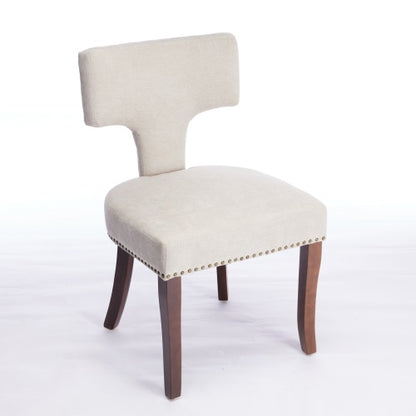 Curved Back Linen Upholstered Wood Dining Chairs, Set of 2, Beige
