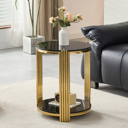 16.9inch  Double-Layer Black Tempered Glass & Gold Steel End Table