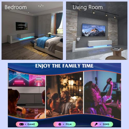 70 Inch White Modern LED TV Stand with Power Outlet Tempered Glass Entertainment Center for 75 Inch TV