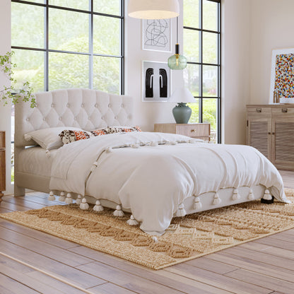 Upholstered Platform Bed with Saddle Curved Adjustable Headboard and Diamond Tufted Details,Wooden Slats and Metal Support, No Box Spring Needed,Queen, Beige