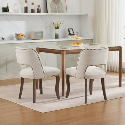 Set of 2 Beige Hollow Curved Enveloping Back Fabric Dining Chairs, Handmade Copper Nail Curved Solid Wood Legs