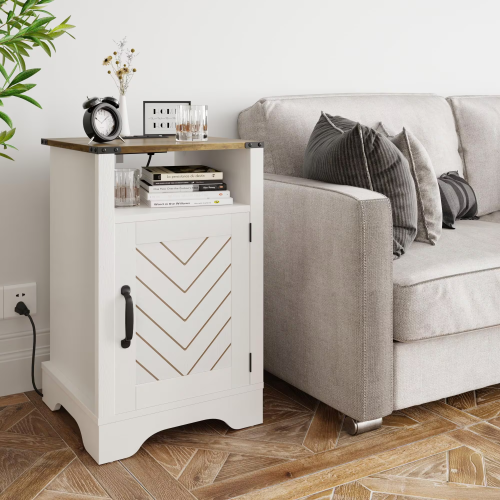 White Rustic Oak Farmhouse Nightstand with Charging Station