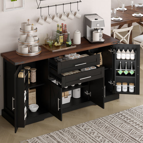 63 inch Farmhouse Barn Door Storage Cabinet with 2 Drawers & Door Rack, Large Buffet Table Coffee Bar Cabinets with Adjustable Shelves for Kitchen, Living Room, Entryway, Dining Room, Black
