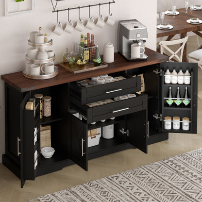 63 inch Farmhouse Barn Door Storage Cabinet with 2 Drawers & Door Rack, Large Buffet Table Coffee Bar Cabinets with Adjustable Shelves for Kitchen, Living Room, Entryway, Dining Room, Black