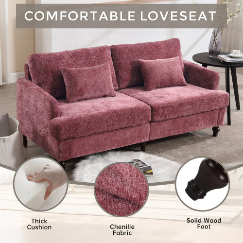 Mid-Century Modern Wine-Red Chenille 2-Seat Loveseat, Wood Legs