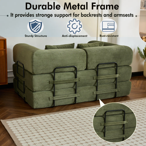 59-Inch Green Corduroy Convertible Sleeper Sofa-Bed Fixed-Shape Metal-Frame Floor Lounge Couch with Cylindrical Pillow No-Assembly