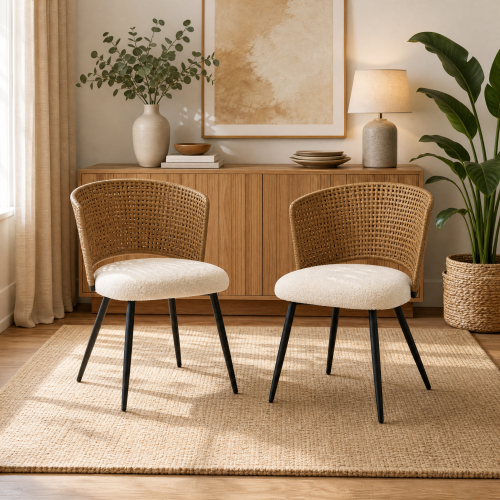 PE Rattan Dining Chairs with Teddy Cushions and Metal Legs, Set of 2, Beige/Brown