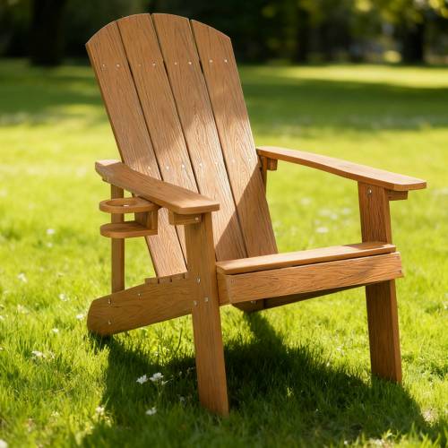 Lounge chair teak color, suitable for all seasons: Outdoor lounge chair, made of sturdy HIPS material, equipped with 304 stainless steel accessories.