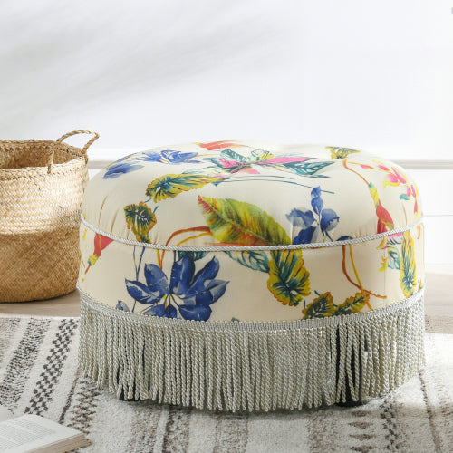 24 inch Round Upholstered Accent Ottoman, Beige Tropical Floral Woven Fabric Ottoman with Bullion Fringe