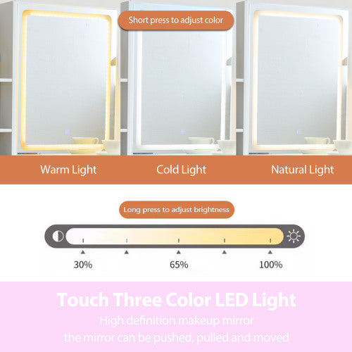 White Modern Vanity Set with LED Mirror, Cushioned Stool, Sliding Glass Door, 3 Lighting Modes, Bedroom Dressing Table