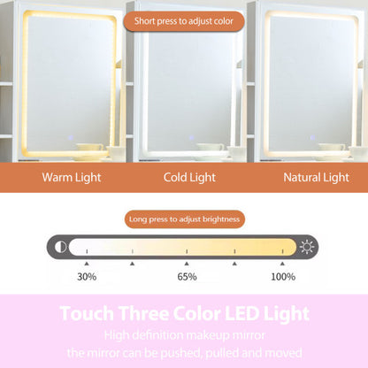 White Modern Vanity Set with LED Mirror, Cushioned Stool, Sliding Glass Door, 3 Lighting Modes, Bedroom Dressing Table