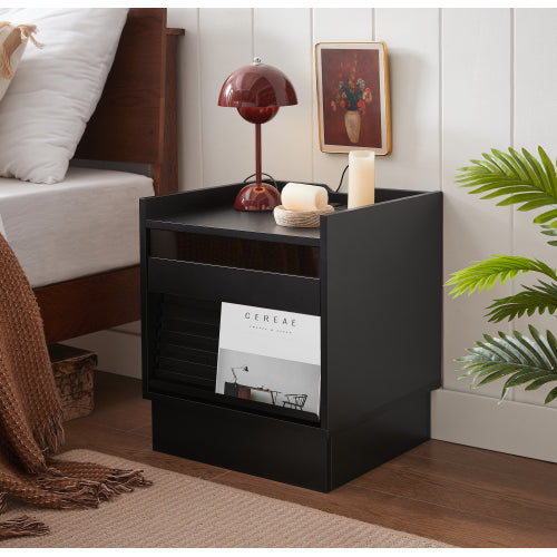 Mid Century Modern Nightstand with Charging Station and LED lights, Night Stand with 2 Drawers, Bedside Tables/End Table for Bedroom or Living Room, Black