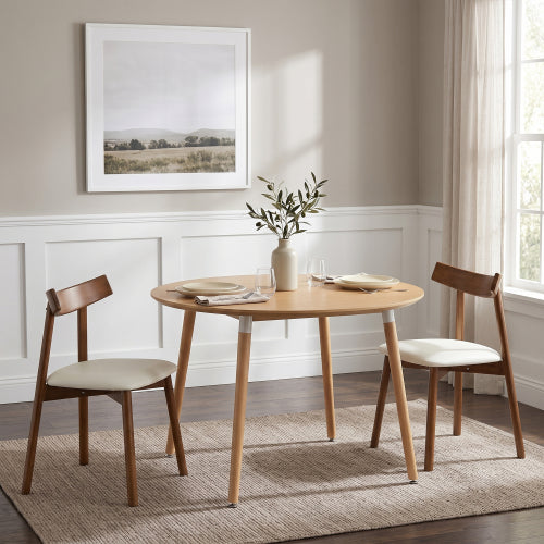 Pull up dining table and chair combination, wood color medium density fiberboard tabletop with black metal table legs