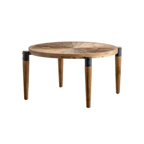 36.22inch  Round Radial Grain Coffee Table, Solid Wood & MDF with Black Metal Accent Legs