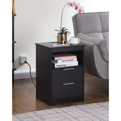 Black Nightstand with Charging Station, 2 Drawers & Open Shelf Wooden Bedroom Side Table
