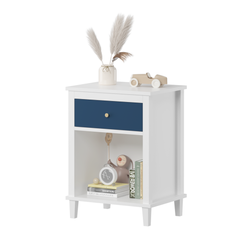 26.77''H Wooden Nightstand with One Drawer One Shelf for Kids, Adults, Navy+Golden handle