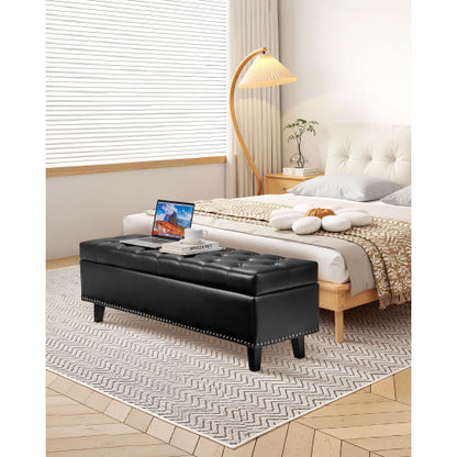 Button-Tufted Storage Ottoman Bench PU Leather Bench with Wood Legs Black