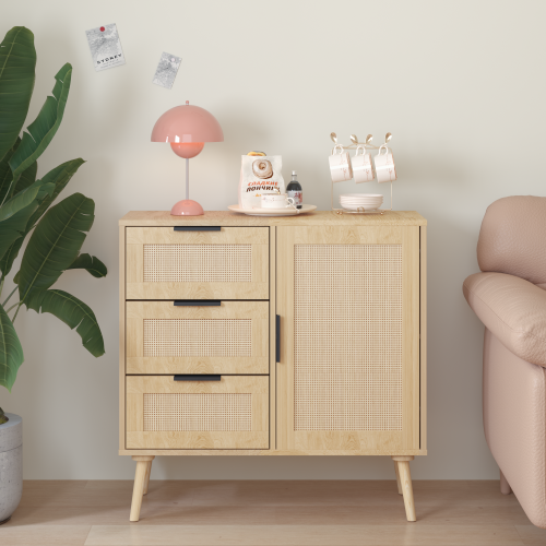 Modern Rattan Wood Dresser 3 Drawer Storage Cabinet with Adjustable Shelf Anti Tip