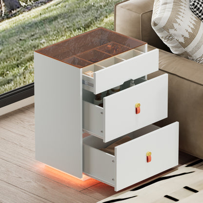 3-Drawer 30'' Nightstand with  LED Light, Modern Nightstand with 3 Storage Drawers, Bedside Table with Glass Top Jewelry Storage and Faux Leather Handles for Bedroom, Livingroom, Cloakroom, White