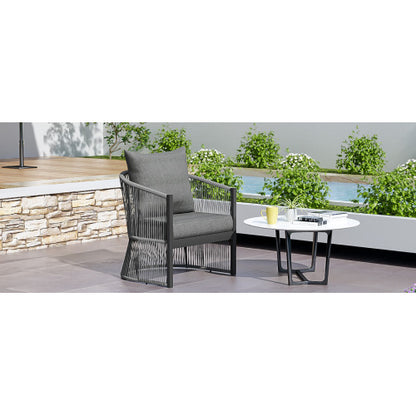 Modern Gray Curved Aluminum Lounge Chair with Stylish Rope-Weave Design and Cushioned Comfort, Perfect for Outdoor Living