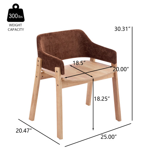 Set of 2 Brown Fabric Arm Dining Chairs, Natural Rubberwood Frame Farmhouse Accent Chairs