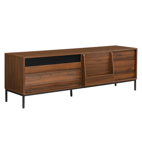 Modern 75 Inch TV Stand with Sliding Doors Walnut Media Console