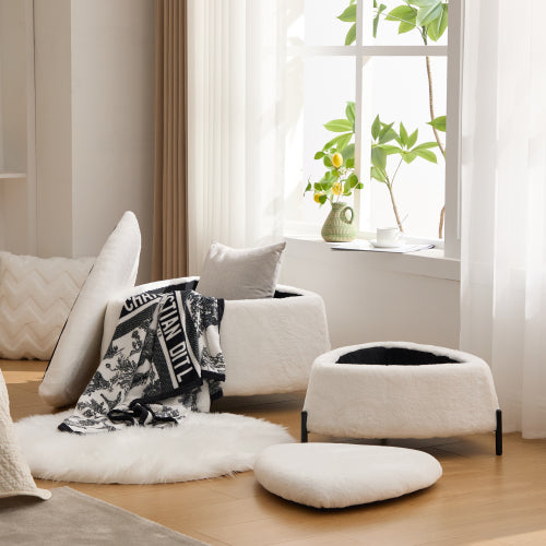29.9 Inch Ivory 2-Piece Faux Fur Storage Ottoman Set, Nesting Footstool with Reversible Lid & Metal Legs, 275 LBS Capacity