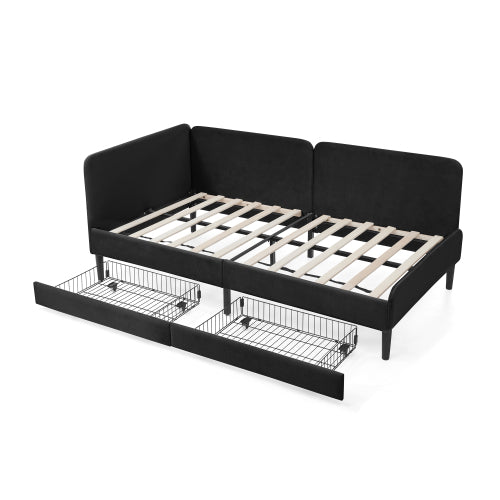 Black Twin-Size Upholstered Convertible Platform Sofa-Bed Frame with 2 Storage Drawers