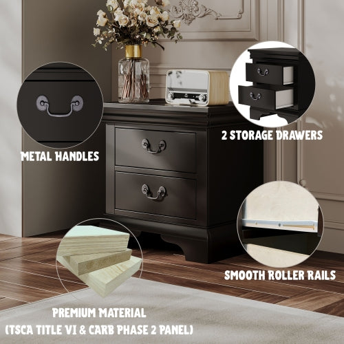 Black Classic 2-Drawer Wooden Nightstand