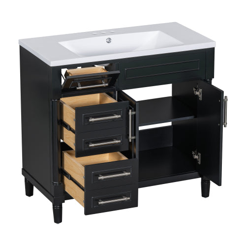 36'' Bathroom Vanity with Top Resin Sink, Freestanding Bathroom Storage Cabinet with 2 Drawers and a Tip-out Drawer, Solid Wood Frame Vanity Set, Height Adjustable Shelf