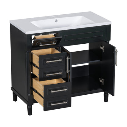 36'' Bathroom Vanity with Top Resin Sink, Freestanding Bathroom Storage Cabinet with 2 Drawers and a Tip-out Drawer, Solid Wood Frame Vanity Set, Height Adjustable Shelf