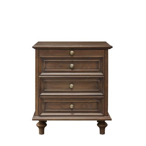 Walnut Brown Farmhouse Nightstand, 4 Drawers with Pull-Out Tray & Solid Wood Legs