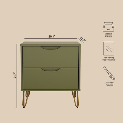 Olive Green Modern Nightstand, 2 Drawers & Metal Legs