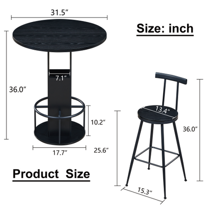 3-Piece Bar Table and Stool Set 31.5-inch round bar table with two stools Compact wooden dining bar with metal ring footrest Ideal for restaurants, cafes, bars, living rooms, and small spaces,Black