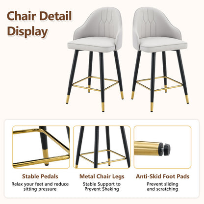 Set of 2  Light Gray PU Leather Bar Stools: 37.7inch High, 25inch Seat Height, Gold Accent Footrest, Ideal for Kitchen Island, Home Bar & Dining Area, Available in Black, White & Dark Gray Splicing Colors.