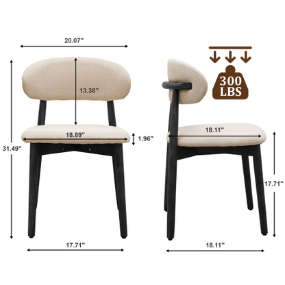 Set of 2 Beige Cotton-Linen Dining Chairs, Black Solid Oak Wood Legs 300lbs Capacity Armless Side Chairs