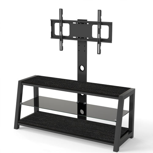 Black Swivel TV Stand Mount 30¡ã Rotatable Height Adjustable 3-Tier Tempered Glass Media Console with Power Socket